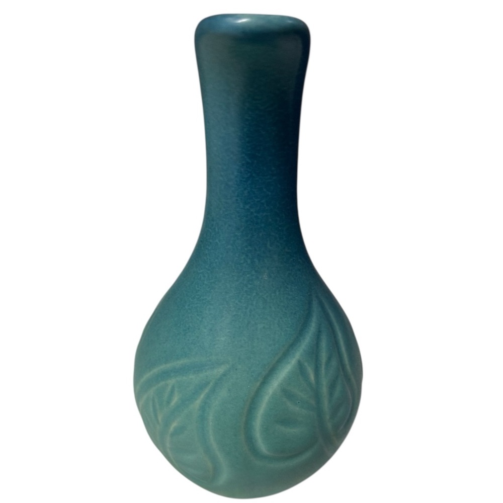 VAN BRIGGLE Turquoise Early 19th Century Ewer Pitcher Leaf Detail Hand Carved 7”